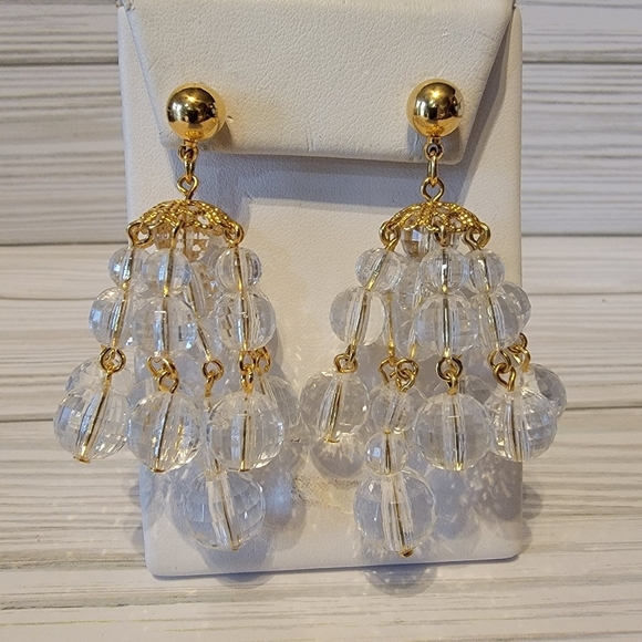C1 Vintage Gold-tone & Clear Beaded Chandelier Pierced Earrings - Picture 1 of 1